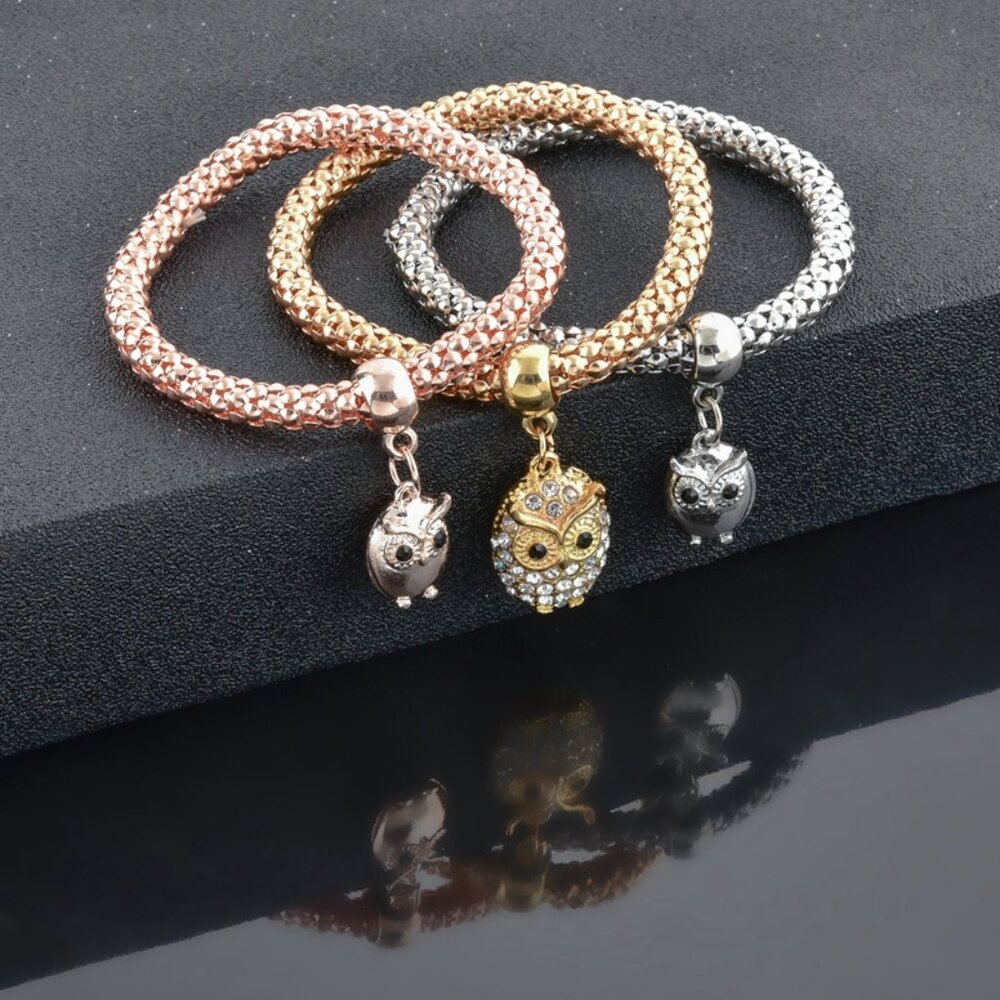 Tri-Tone Owl Charm Bracelet Set – Wise Sparkle Trio - Picture 4 of 15